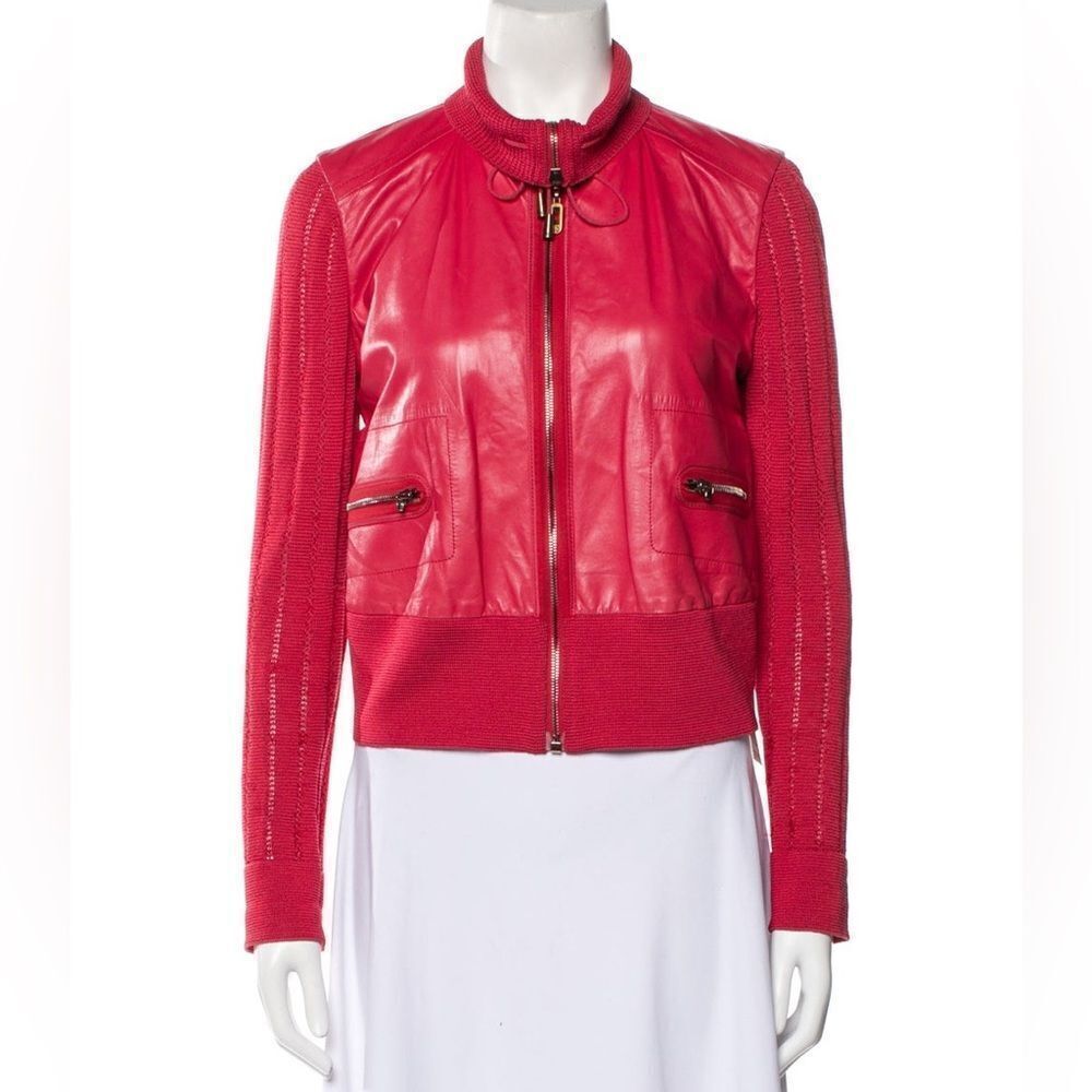 St. John Sport Lambskin Leather And Knit Jacket‎ Red Size M Red Leather Jacket